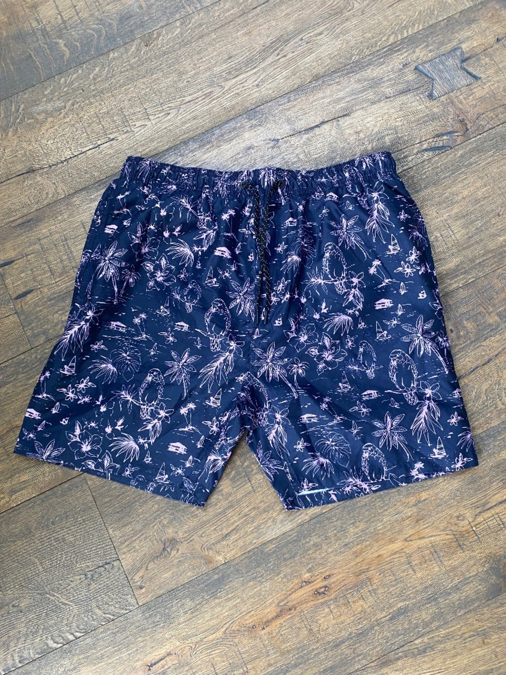 Burnside Men’s Tropical Parrot Swim Trunks Navy Pink Size Large